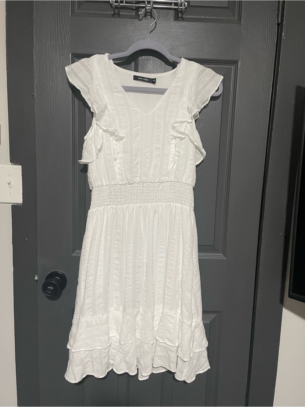 Doe & Rae White Ruffle-Trim Smocked Midi Dress